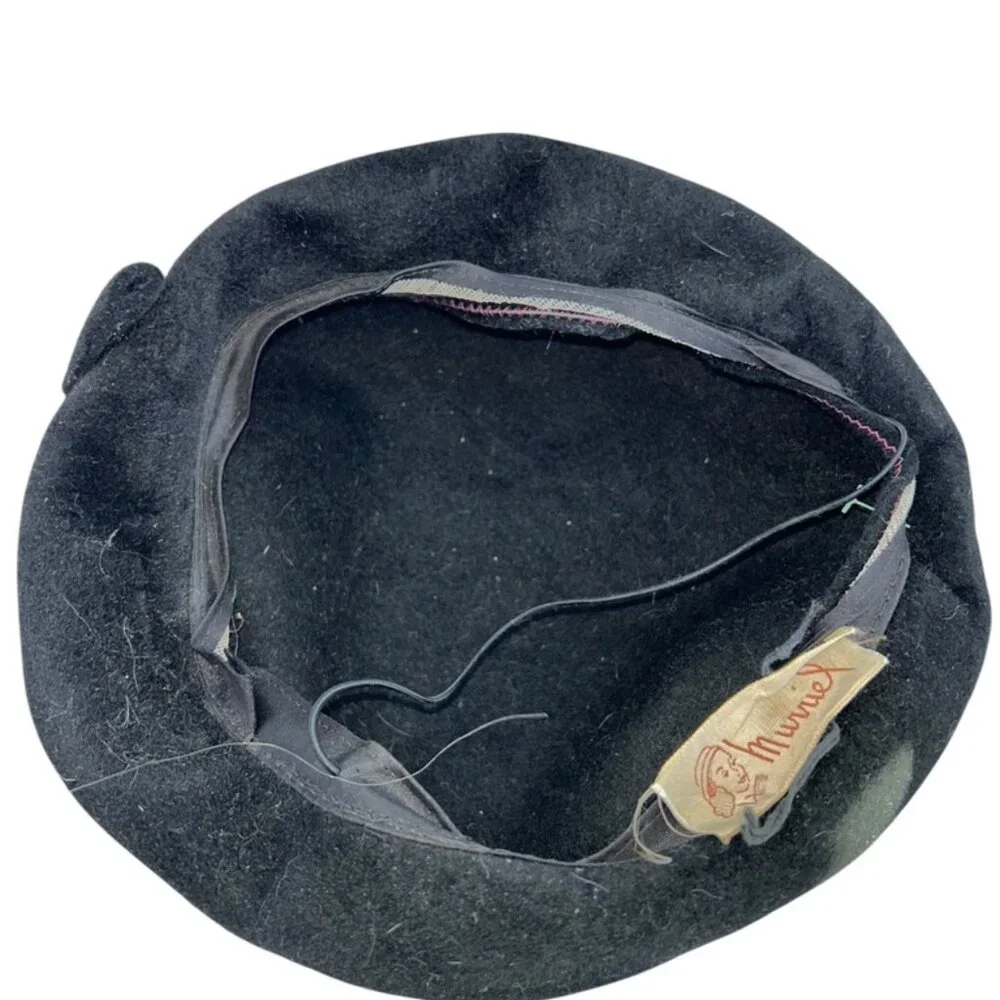 Vintage Muriel black velvet feathers woman's beret cap hat